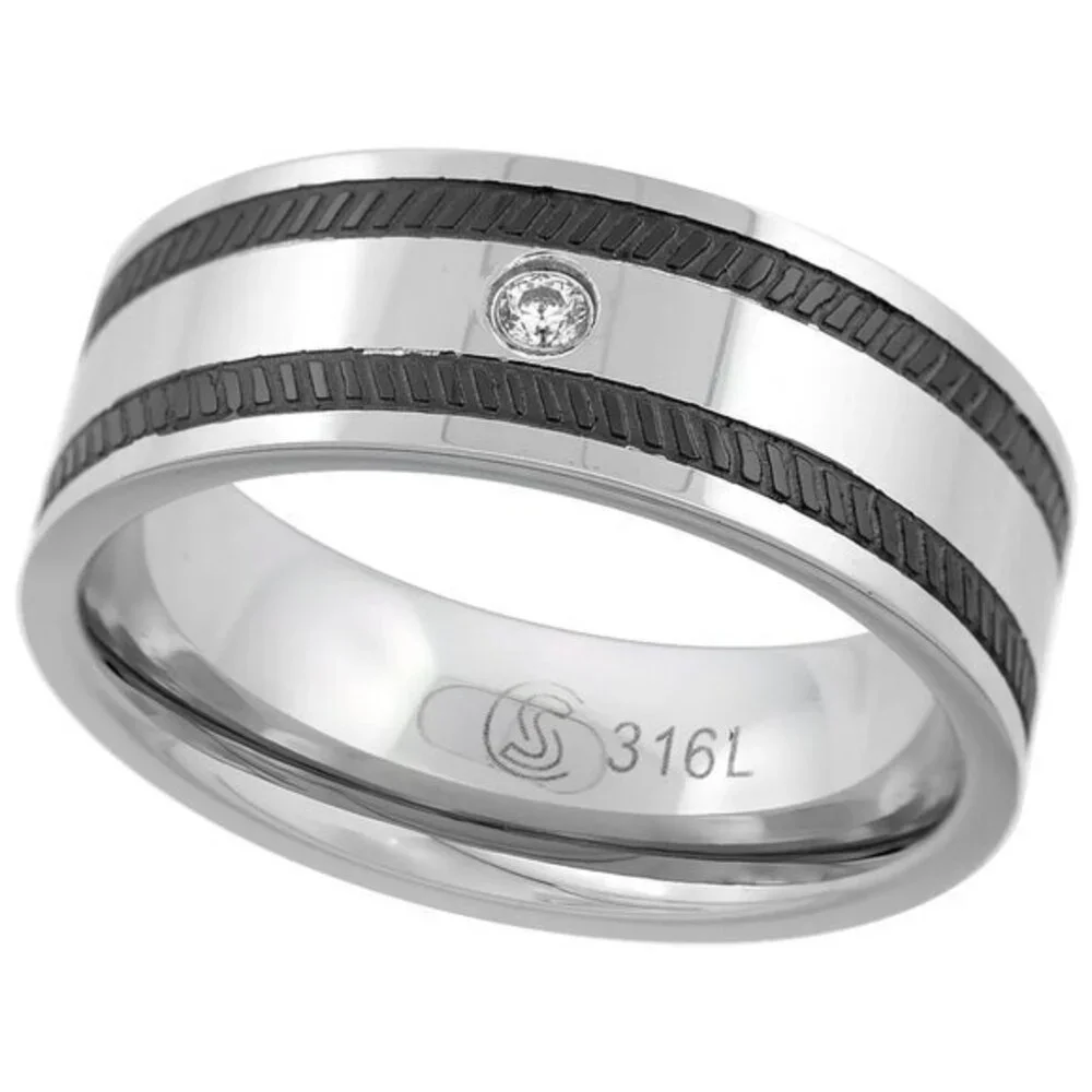Surgical Stainless Steel 8mm CZ Wedding Band Ring